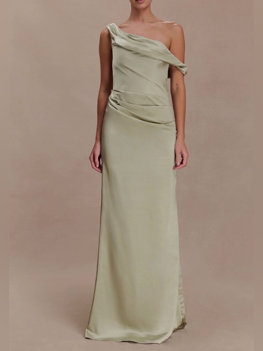 Meshki Dalia One-Shoulder Sage Green Evening Gown - New with Tags